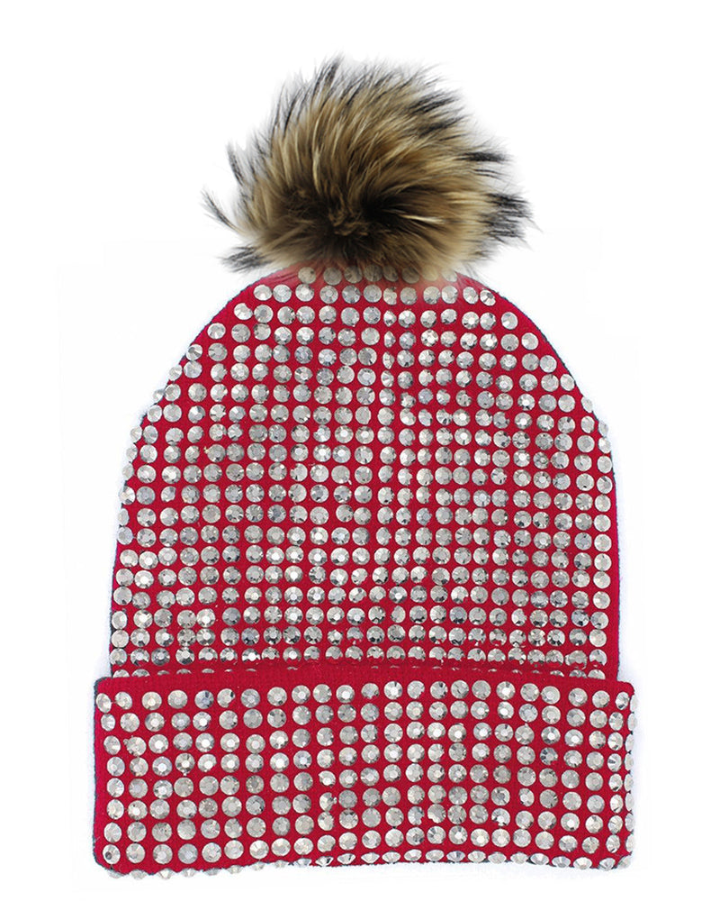 Studded Crystal Beanie With Faux Fur Pom