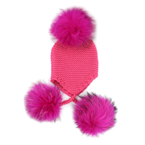 Triple Faux Fur Pom Pom Hat, Hot Pink