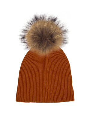 Knitted Wool Hat With Faux Fur Pom, Tangerine