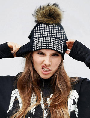 Studded Crystal Beanie With Faux Fur Pom