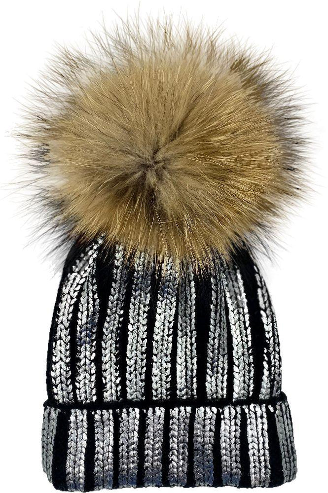 Foil Stamp Beanie With Faux Fur Pom, Black