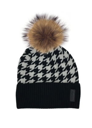 Houndstooth Knit Beanie With Faux Fur Pom, Black