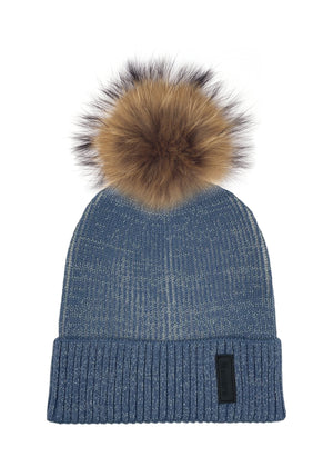 Ribbed Lurex Knit Hat With Faux Fur Pom, Blue