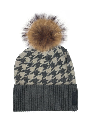 Houndstooth Knit Beanie With Faux Fur Pom, Grey