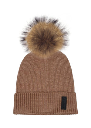 Ribbed Lurex Knit Hat With Faux Fur Pom, Taupe