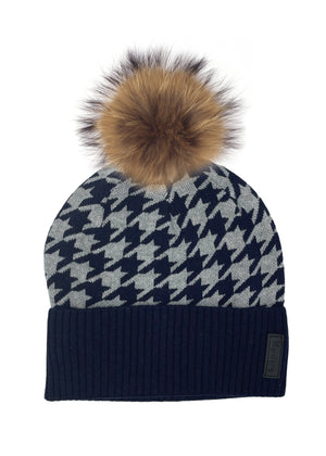 Houndstooth Knit Beanie With Faux Fur Pom, Navy