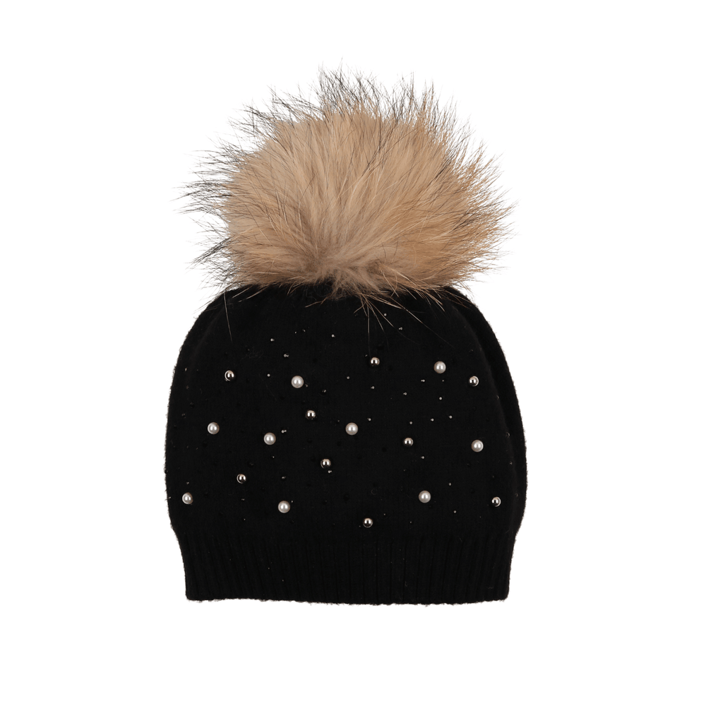 Pearl Studded Wool Hat With Faux Fur Pom, Black