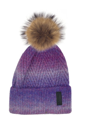 Ombre Knit Hat With Faux Fur Pom, Purple