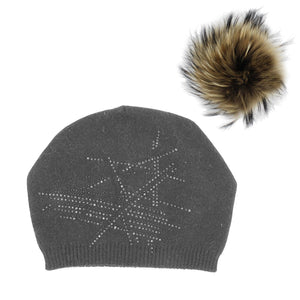 Slouch Embellished Beanie with Natural Pom - Maniere