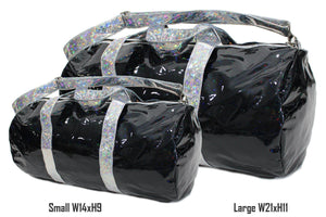 
            
                Load image into Gallery viewer, Holographic Shine Duffel Bag, Black with Silver Handles Bags Maniere Accessories Small 
            
        