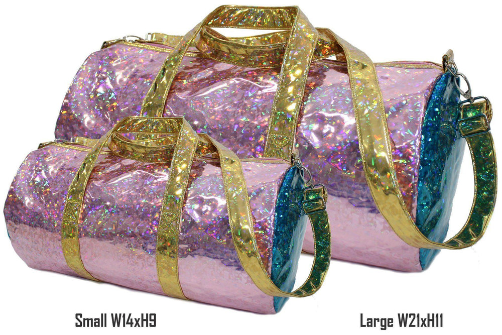 
            
                Load image into Gallery viewer, Holographic Shine Duffel Bag, Pink with Gold Handles Maniere Accessories 
            
        