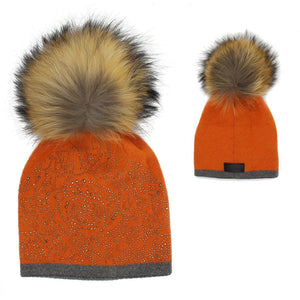Studded-Knit-Jumbo-Fur-Pom-Hat Winter Hat Maniere Orange 