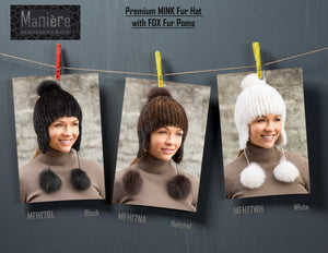 Mink Fur Hat With Fox Fur Pom Poms Premium Fur Manière 