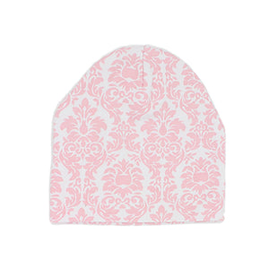 
            
                Load image into Gallery viewer, Baby Beanie with Snap On Pom Pom, Pink Damask - Maniere
            
        