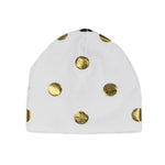 Baby Beanie with Snap On Pom Pom, Spotted White - Maniere