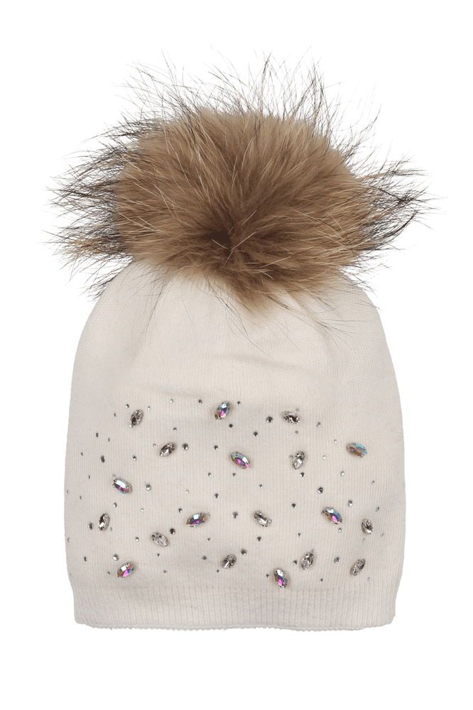 Rhinestone Embellished Hat With Natural Genuine Fur Pom - Maniere