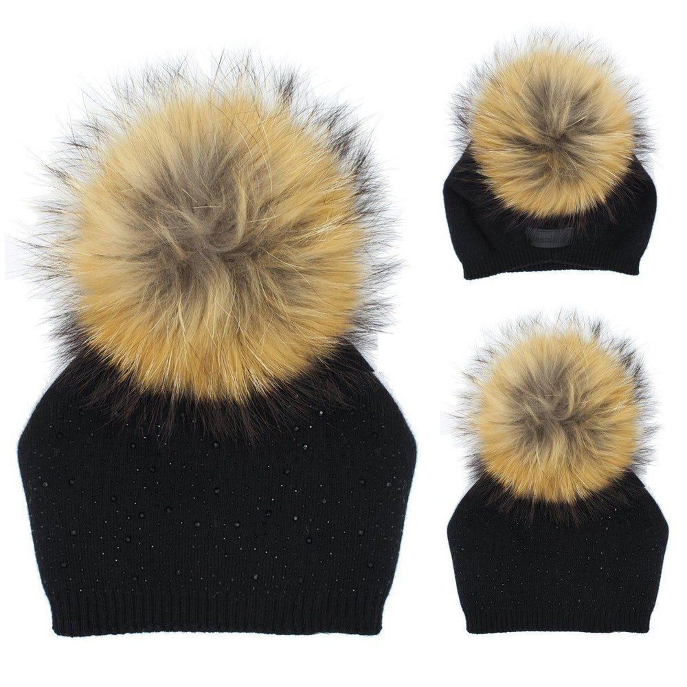Sewn Knit Wool Hat Jumbo Fur Winter Hat Manière Black Kids 