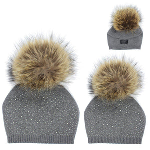 
            
                Load image into Gallery viewer, Sewn Knit Wool Hat Jumbo Fur Winter Hat Manière Charcoal Kids 
            
        