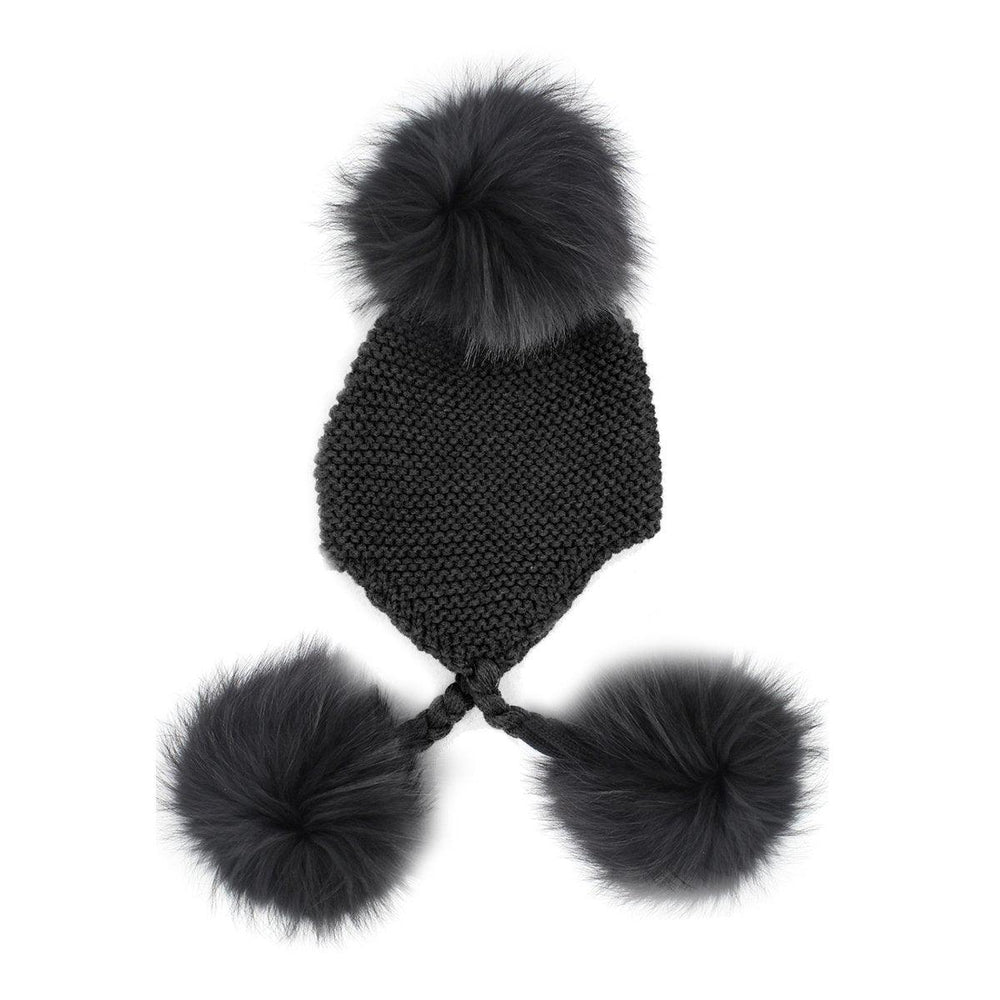 
            
                Load image into Gallery viewer, Triple Pom Pom Hat Maniere Black Genuine Raccoon Fur 
            
        
