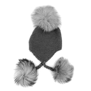 Triple Pom Pom Hat Maniere Charcoal Genuine Raccoon Fur 