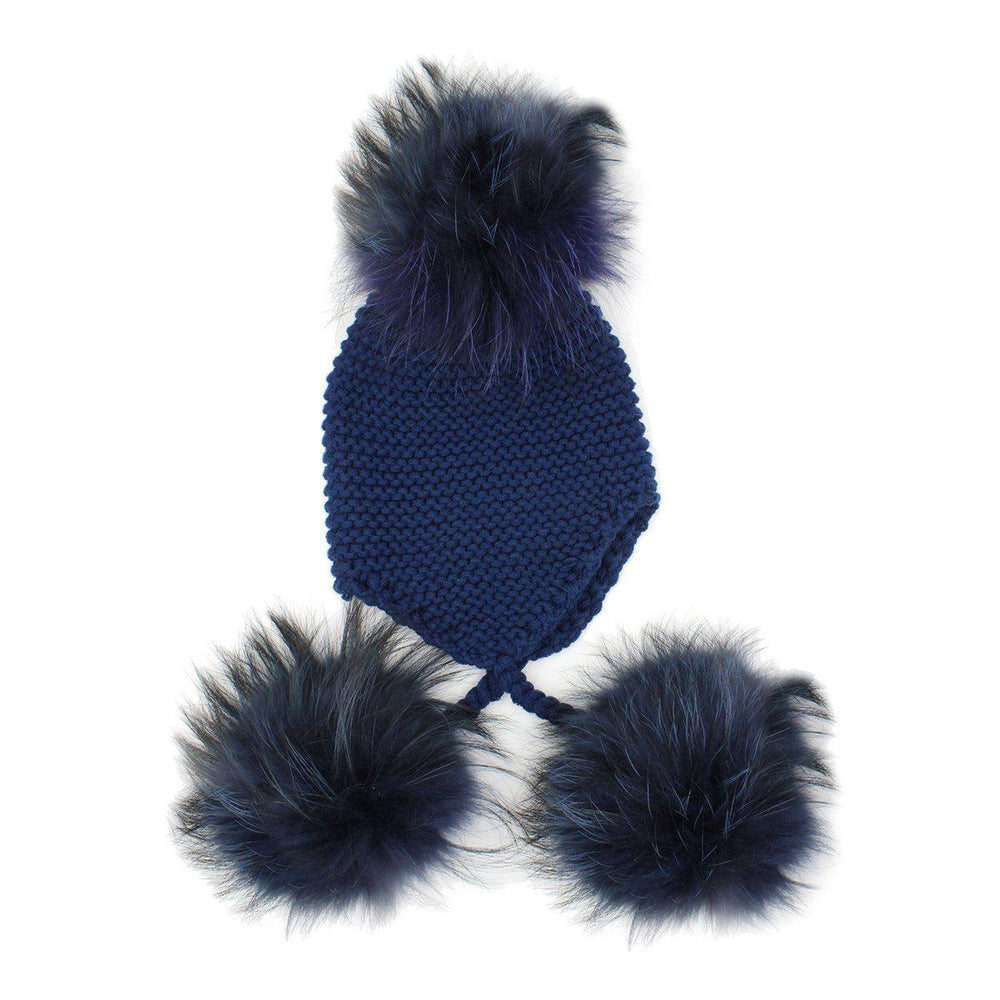 Triple Pom Pom Hat Maniere Navy Genuine Raccoon Fur 