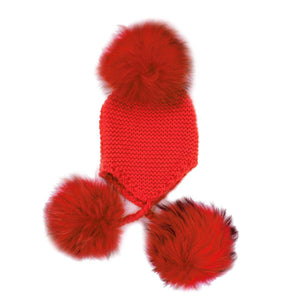 Triple Pom Pom Hat Maniere Red Genuine Raccoon Fur 
