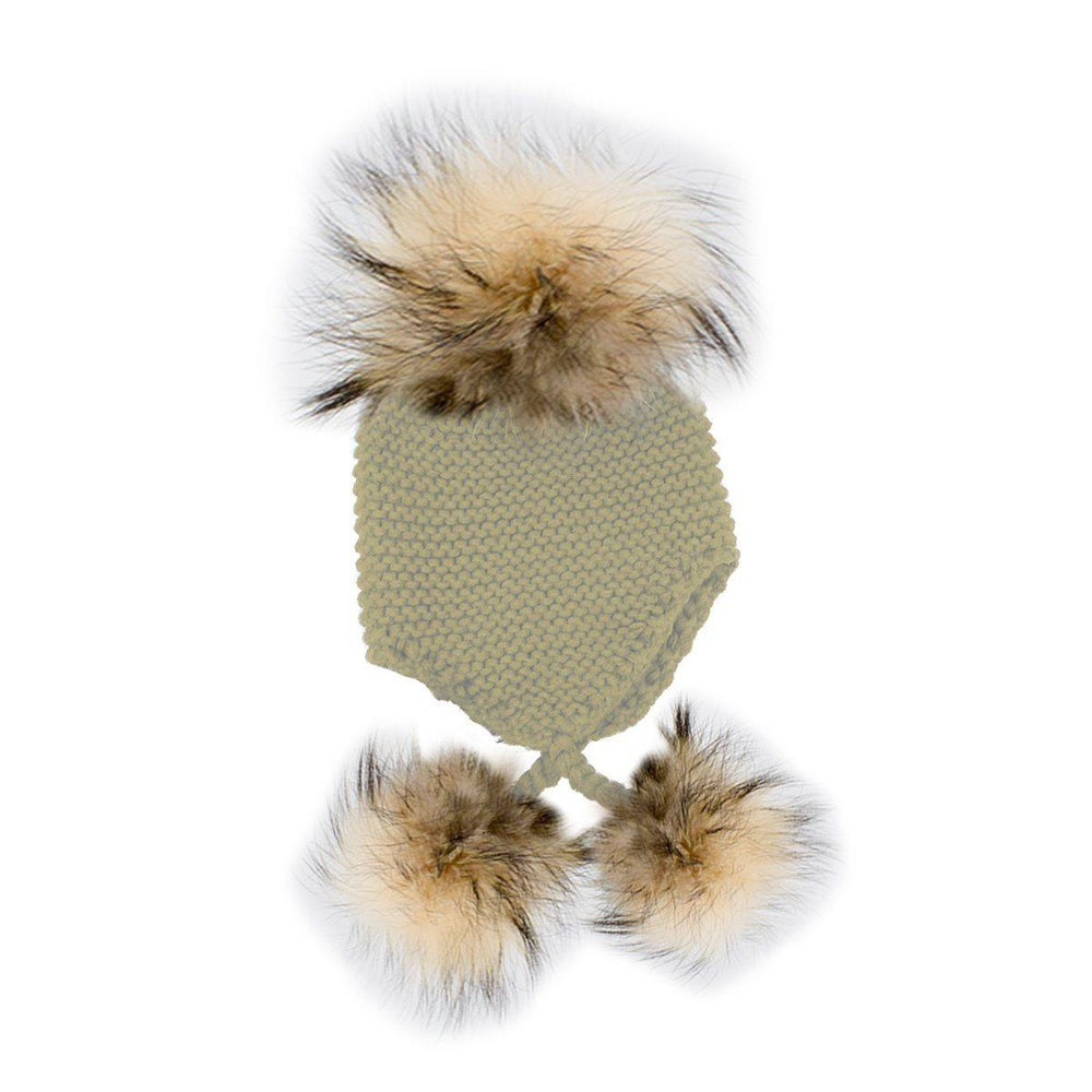 Triple Pom Pom Hat Maniere Sand Genuine Raccoon Fur 